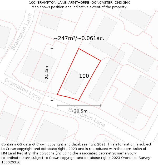 100, BRAMPTON LANE, ARMTHORPE, DONCASTER, DN3 3HX: Plot and title map