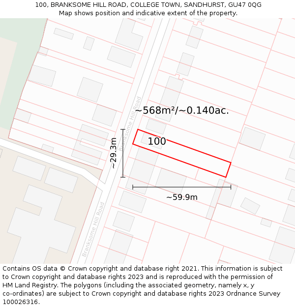 100, BRANKSOME HILL ROAD, COLLEGE TOWN, SANDHURST, GU47 0QG: Plot and title map