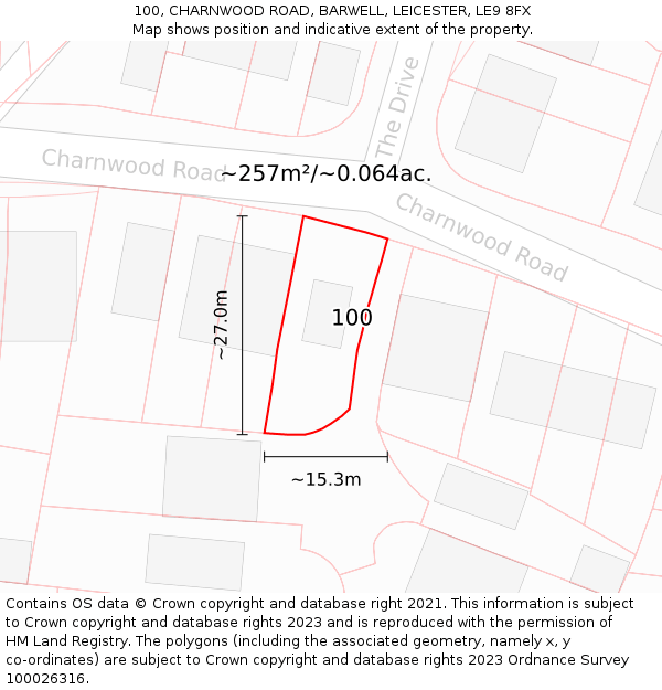 100, CHARNWOOD ROAD, BARWELL, LEICESTER, LE9 8FX: Plot and title map