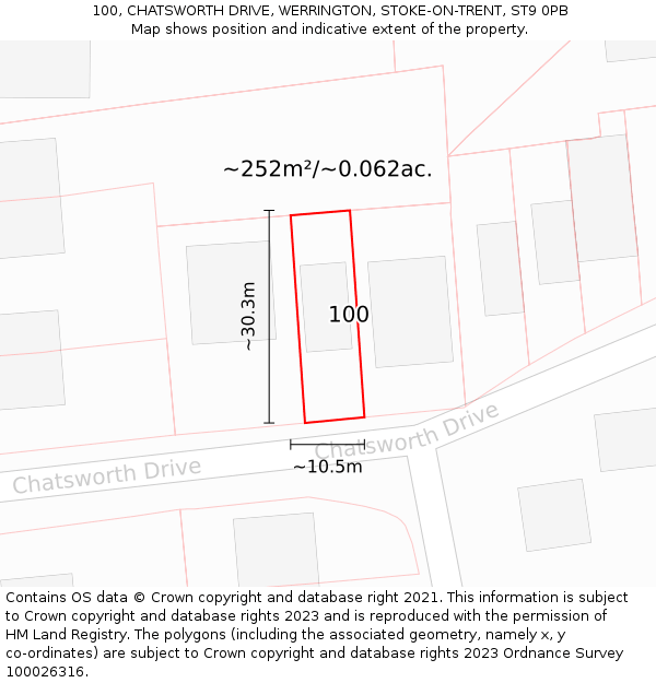100, CHATSWORTH DRIVE, WERRINGTON, STOKE-ON-TRENT, ST9 0PB: Plot and title map