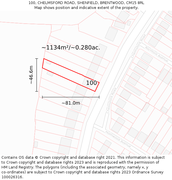100, CHELMSFORD ROAD, SHENFIELD, BRENTWOOD, CM15 8RL: Plot and title map