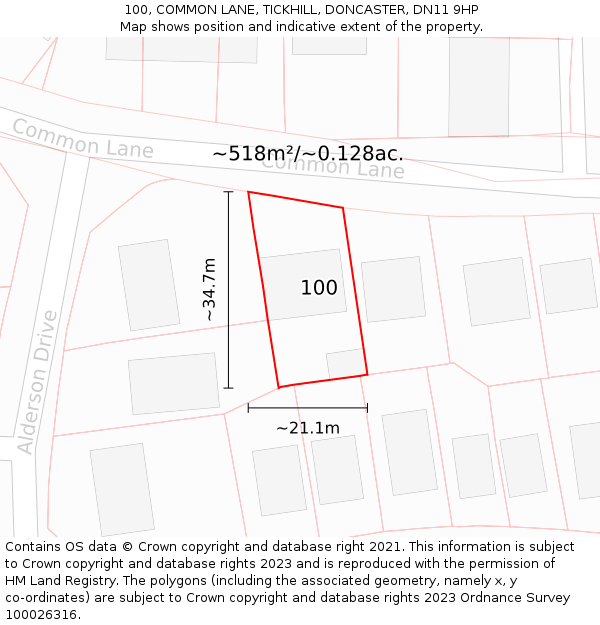 100, COMMON LANE, TICKHILL, DONCASTER, DN11 9HP: Plot and title map