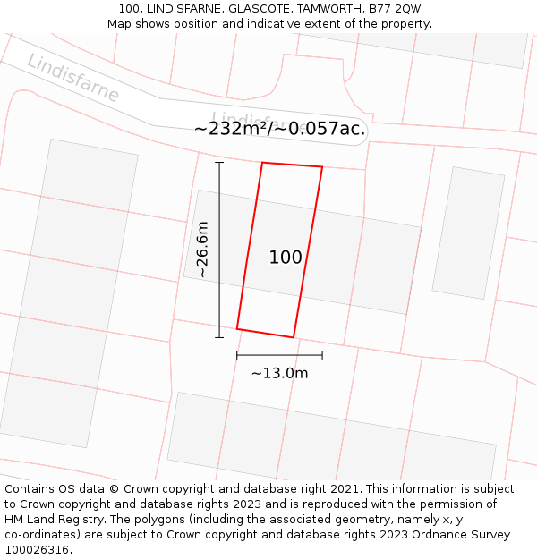100, LINDISFARNE, GLASCOTE, TAMWORTH, B77 2QW: Plot and title map