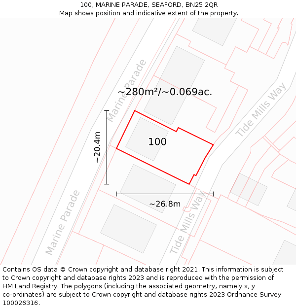 100, MARINE PARADE, SEAFORD, BN25 2QR: Plot and title map
