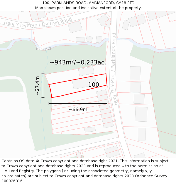 100, PARKLANDS ROAD, AMMANFORD, SA18 3TD: Plot and title map