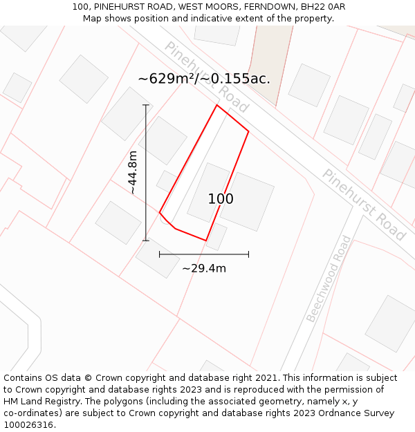 100, PINEHURST ROAD, WEST MOORS, FERNDOWN, BH22 0AR: Plot and title map