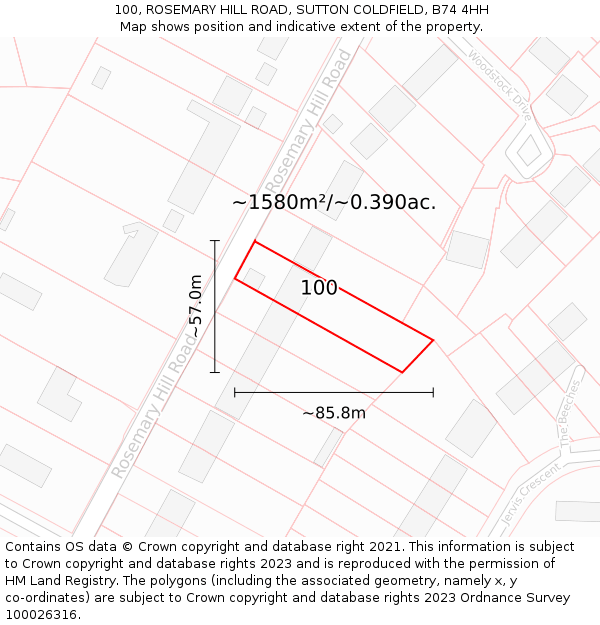 100, ROSEMARY HILL ROAD, SUTTON COLDFIELD, B74 4HH: Plot and title map