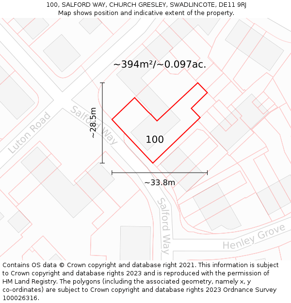 100, SALFORD WAY, CHURCH GRESLEY, SWADLINCOTE, DE11 9RJ: Plot and title map