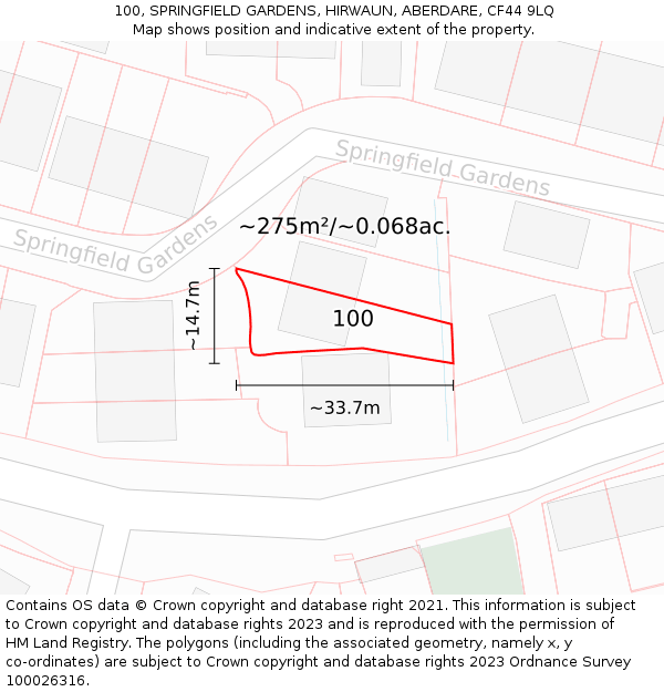 100, SPRINGFIELD GARDENS, HIRWAUN, ABERDARE, CF44 9LQ: Plot and title map