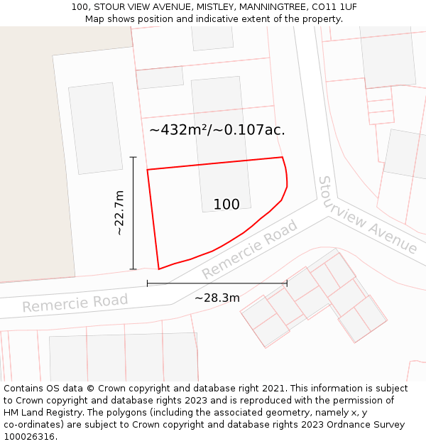 100, STOUR VIEW AVENUE, MISTLEY, MANNINGTREE, CO11 1UF: Plot and title map