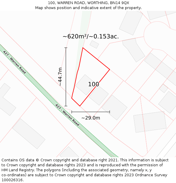 100, WARREN ROAD, WORTHING, BN14 9QX: Plot and title map