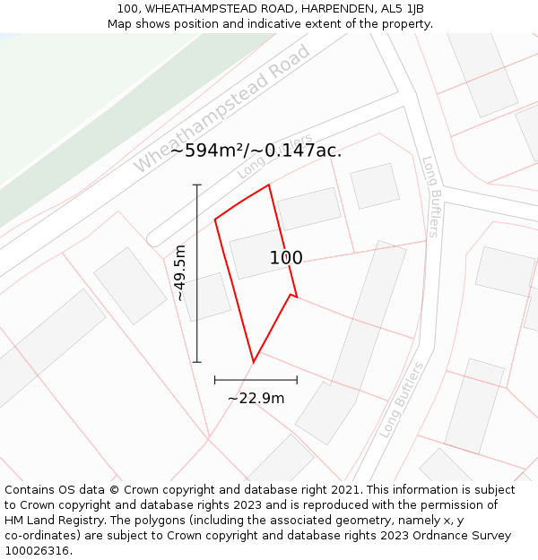 100, WHEATHAMPSTEAD ROAD, HARPENDEN, AL5 1JB: Plot and title map