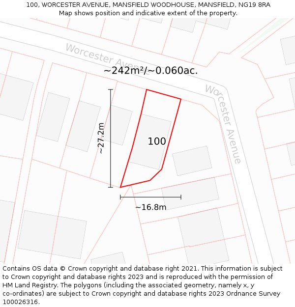 100, WORCESTER AVENUE, MANSFIELD WOODHOUSE, MANSFIELD, NG19 8RA: Plot and title map