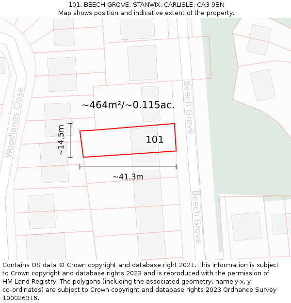 101, BEECH GROVE, STANWIX, CARLISLE, CA3 9BN: Plot and title map