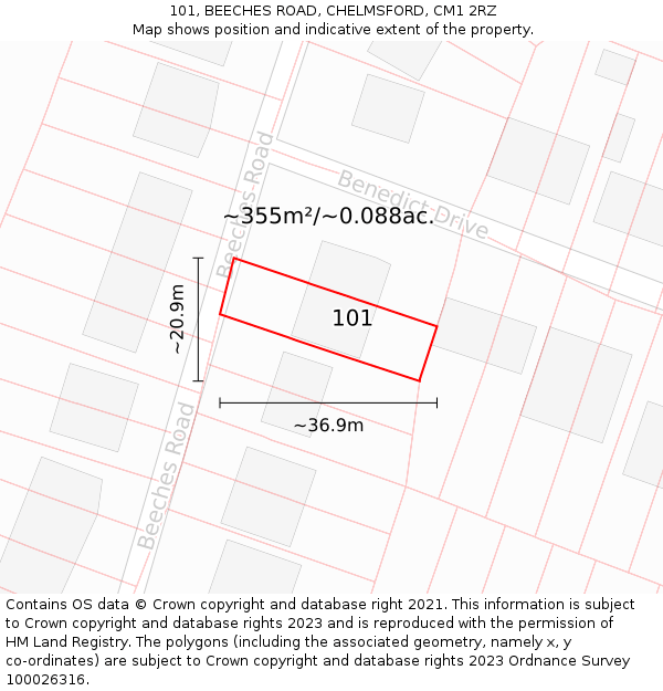 101, BEECHES ROAD, CHELMSFORD, CM1 2RZ: Plot and title map