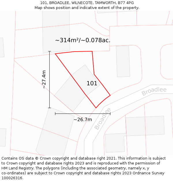 101, BROADLEE, WILNECOTE, TAMWORTH, B77 4PG: Plot and title map