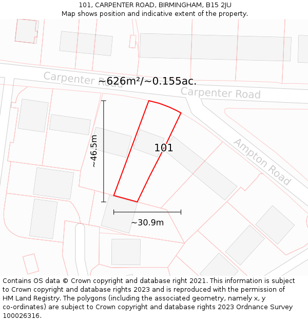 101, CARPENTER ROAD, BIRMINGHAM, B15 2JU: Plot and title map