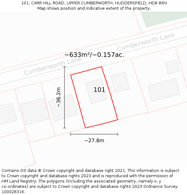 101, CARR HILL ROAD, UPPER CUMBERWORTH, HUDDERSFIELD, HD8 8XN: Plot and title map
