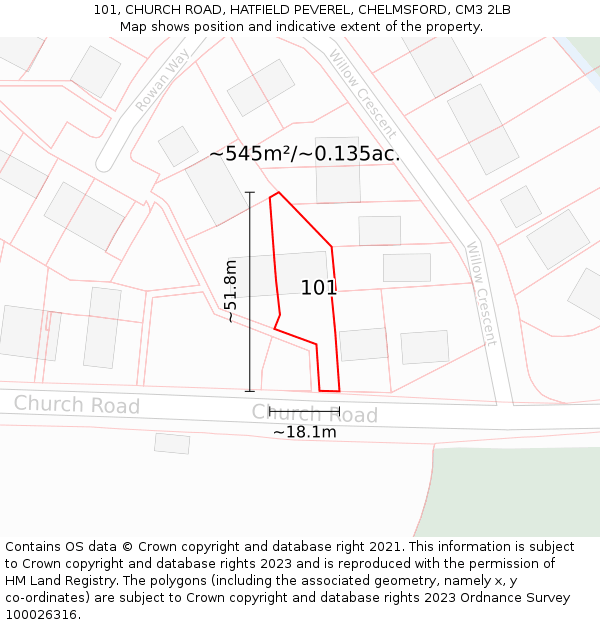 101, CHURCH ROAD, HATFIELD PEVEREL, CHELMSFORD, CM3 2LB: Plot and title map