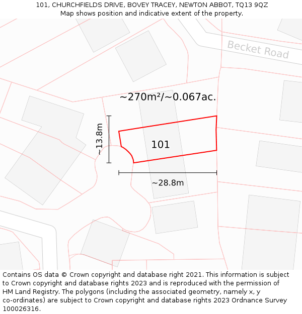 101, CHURCHFIELDS DRIVE, BOVEY TRACEY, NEWTON ABBOT, TQ13 9QZ: Plot and title map