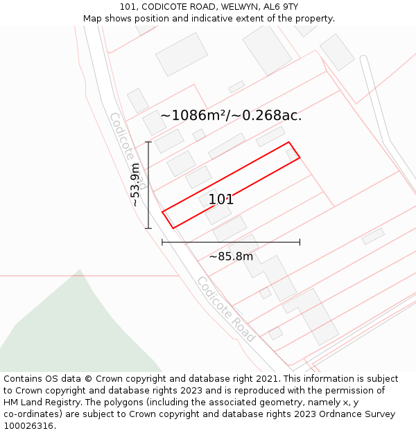 101, CODICOTE ROAD, WELWYN, AL6 9TY: Plot and title map