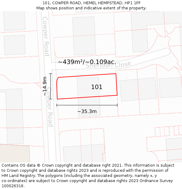 101, COWPER ROAD, HEMEL HEMPSTEAD, HP1 1PF: Plot and title map