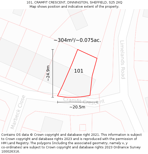 101, CRAMFIT CRESCENT, DINNINGTON, SHEFFIELD, S25 2XQ: Plot and title map
