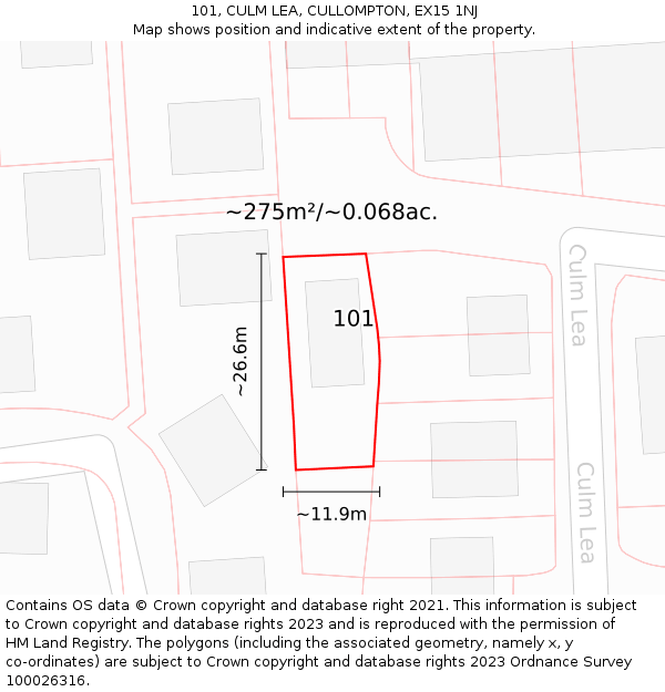 101, CULM LEA, CULLOMPTON, EX15 1NJ: Plot and title map