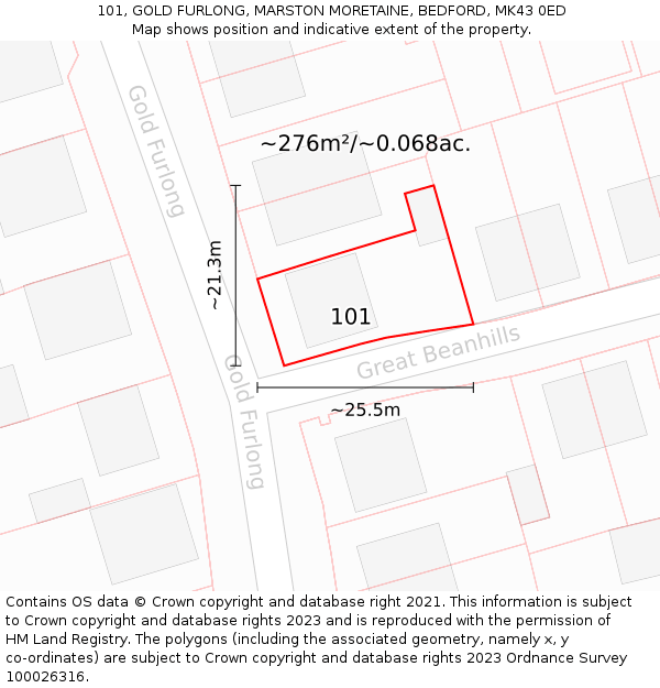 101, GOLD FURLONG, MARSTON MORETAINE, BEDFORD, MK43 0ED: Plot and title map