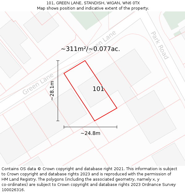 101, GREEN LANE, STANDISH, WIGAN, WN6 0TX: Plot and title map