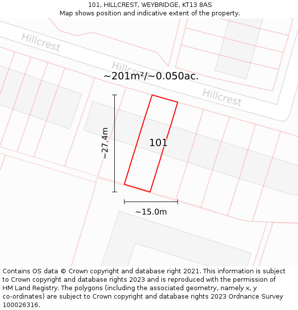 101, HILLCREST, WEYBRIDGE, KT13 8AS: Plot and title map