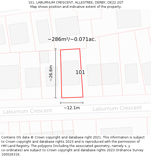 101, LABURNUM CRESCENT, ALLESTREE, DERBY, DE22 2GT: Plot and title map