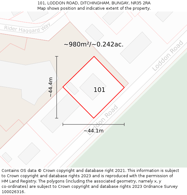 101, LODDON ROAD, DITCHINGHAM, BUNGAY, NR35 2RA: Plot and title map