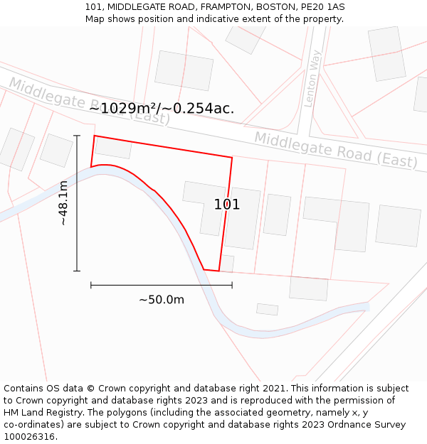 101, MIDDLEGATE ROAD, FRAMPTON, BOSTON, PE20 1AS: Plot and title map