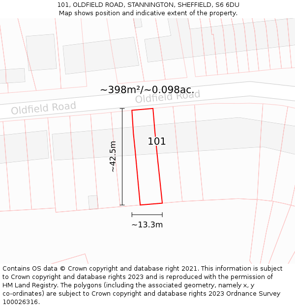 101, OLDFIELD ROAD, STANNINGTON, SHEFFIELD, S6 6DU: Plot and title map