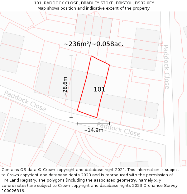 101, PADDOCK CLOSE, BRADLEY STOKE, BRISTOL, BS32 0EY: Plot and title map