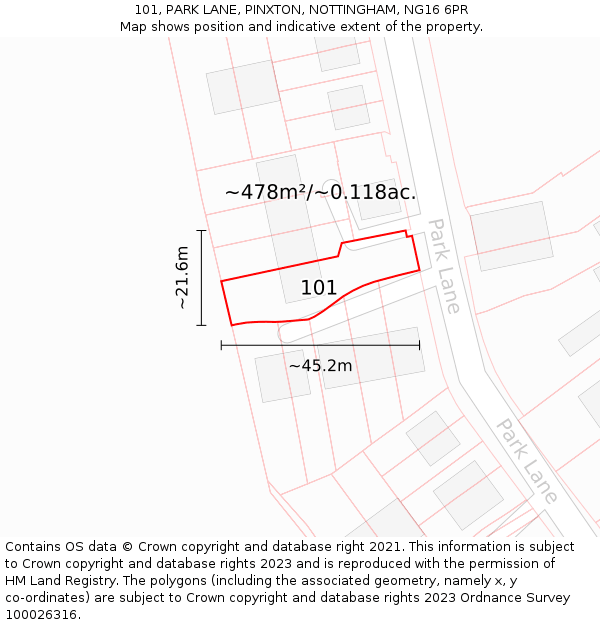 101, PARK LANE, PINXTON, NOTTINGHAM, NG16 6PR: Plot and title map