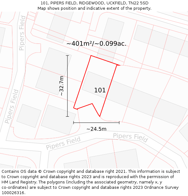101, PIPERS FIELD, RIDGEWOOD, UCKFIELD, TN22 5SD: Plot and title map