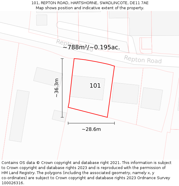 101, REPTON ROAD, HARTSHORNE, SWADLINCOTE, DE11 7AE: Plot and title map