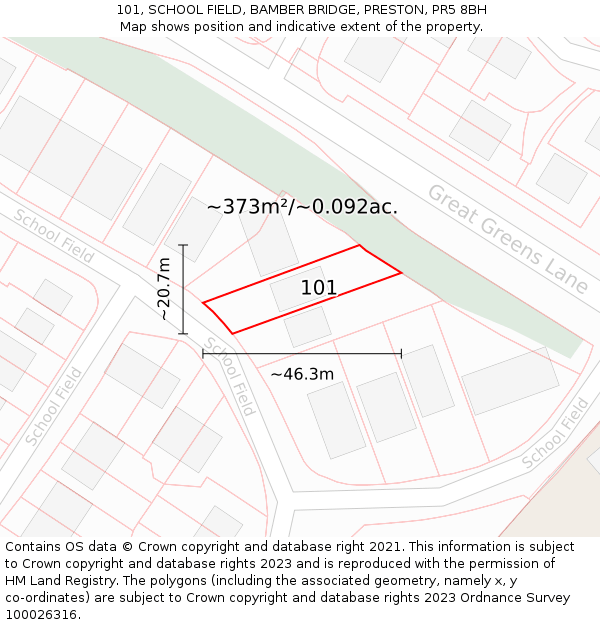 101, SCHOOL FIELD, BAMBER BRIDGE, PRESTON, PR5 8BH: Plot and title map