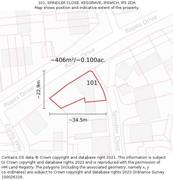 101, SPINDLER CLOSE, KESGRAVE, IPSWICH, IP5 2DA: Plot and title map