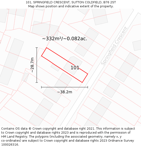 101, SPRINGFIELD CRESCENT, SUTTON COLDFIELD, B76 2ST: Plot and title map