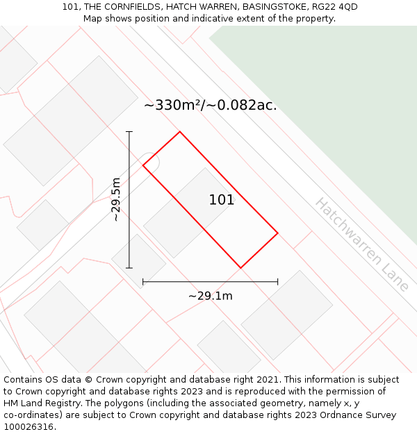 101, THE CORNFIELDS, HATCH WARREN, BASINGSTOKE, RG22 4QD: Plot and title map