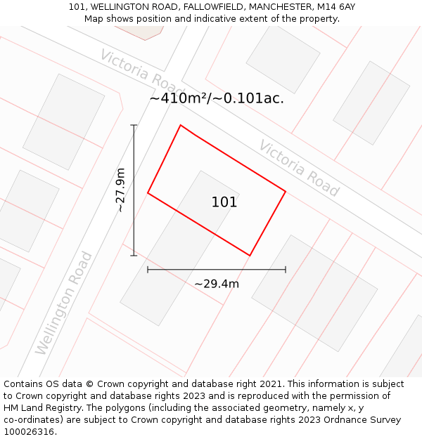 101, WELLINGTON ROAD, FALLOWFIELD, MANCHESTER, M14 6AY: Plot and title map
