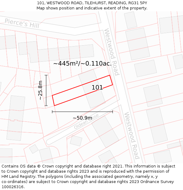 101, WESTWOOD ROAD, TILEHURST, READING, RG31 5PY: Plot and title map
