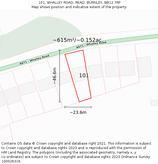101, WHALLEY ROAD, READ, BURNLEY, BB12 7RP: Plot and title map