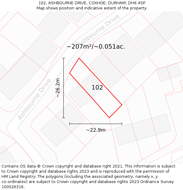 102, ASHBOURNE DRIVE, COXHOE, DURHAM, DH6 4SP: Plot and title map