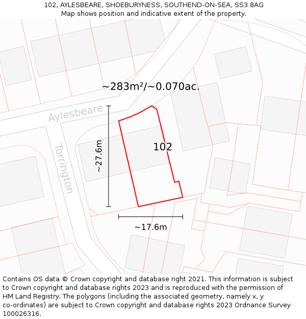 102, AYLESBEARE, SHOEBURYNESS, SOUTHEND-ON-SEA, SS3 8AG: Plot and title map
