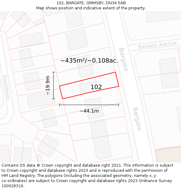 102, BARGATE, GRIMSBY, DN34 5AB: Plot and title map