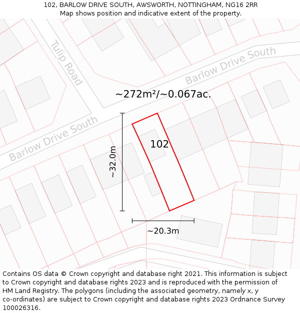 102, BARLOW DRIVE SOUTH, AWSWORTH, NOTTINGHAM, NG16 2RR: Plot and title map